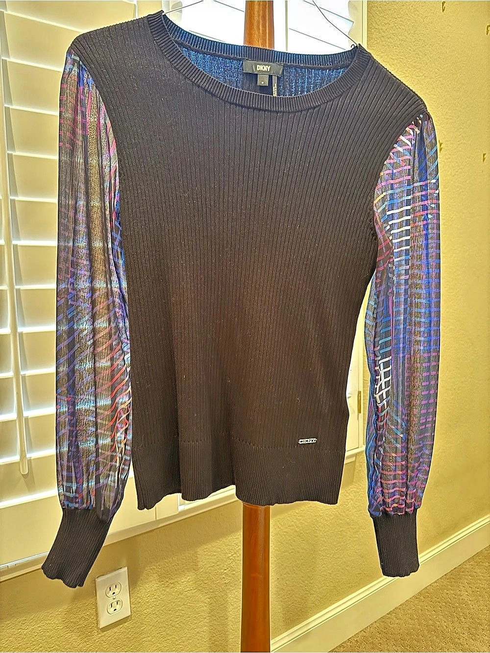 DKNY Mixed Media Printed Sheer Sleeve Sweater Black & Purple Medium